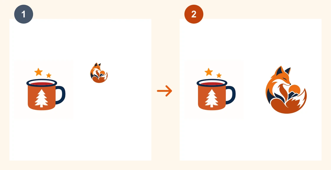 Library layout: 1 shows inconsistent sizes; 2 shows the same vector designs after manual size adjustment.