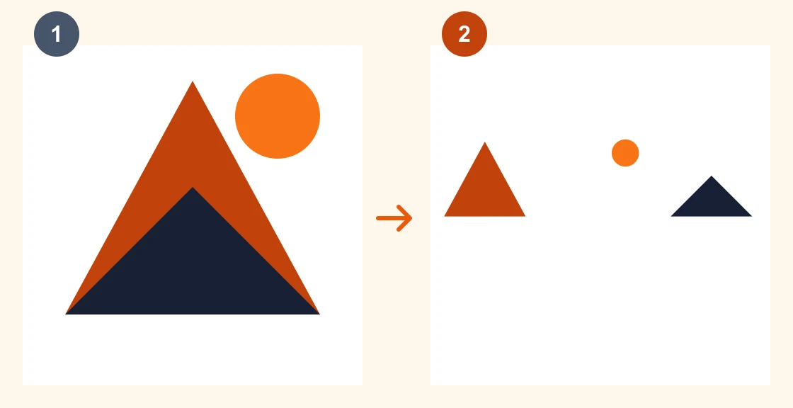 1: the assembled design. 2: its three color components shown separately. Keep the original alignment in production files.