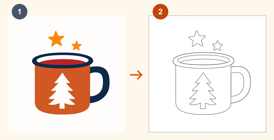 1: el diseño vectorial en color. 2: sus contornos.