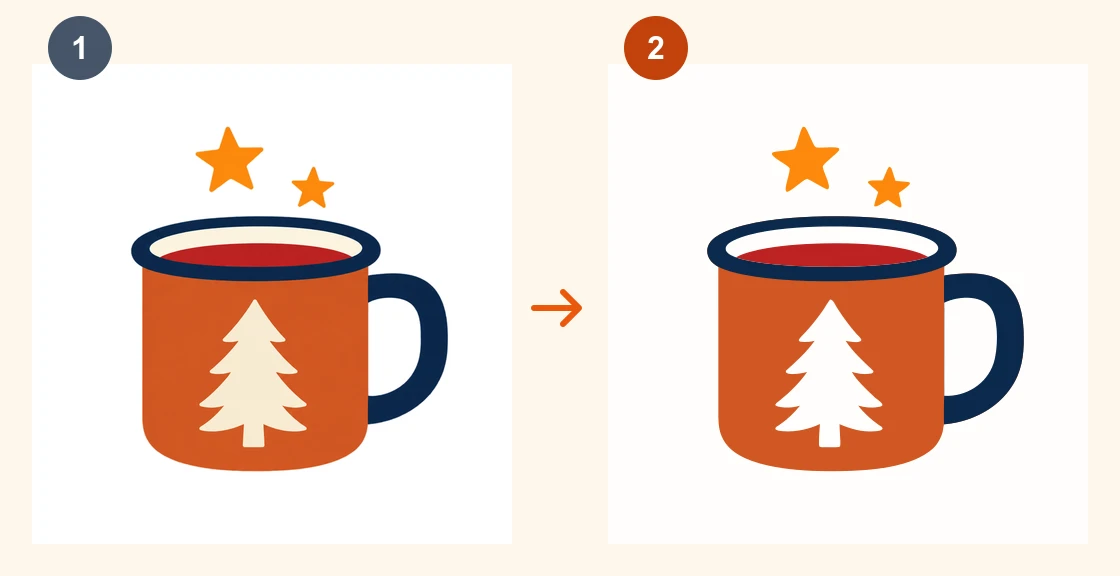 1: our 1024 px raster illustration. 2: VectoKit’s SVG conversion of the same image, with clean, flatter color regions.